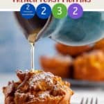 Syrup being poured over a pumpkin muffin.