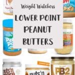 8 jars of peanut butter with a text overlay stating Weight Watchers Lower Point Peanut Butters.