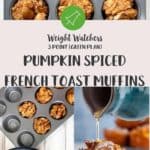 3 pictures of pumpkin muffins, a close up, ingredients being prepared and syrup being poured on a muffin.
