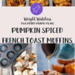 3 pictures of pumpkin muffins, a close up, ingredients being prepared and syrup being poured on a muffin.