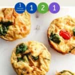 A picture of egg muffins on a white table with a text overlay stating WW Breakfast Egg muffins and their WW point values.