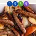 A white casserole dish with sausage, apple and onion casserole with a text title overlay with WW smartpoint values.