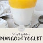 A glass of a layed dessert of mango and yogurt parfait topped with pomegranate seeds with text overlay stating 'Weight Watchers Mango & Yogurt Parfait'.