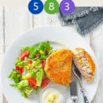 A white plate with a fishcake and some salad on a white wooden table with text overlay 'Weight Watchers Tuna Fish Cakes'.
