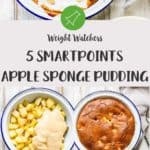 A dish of apple sponge pudding on a white table with a bowl of it with custard to the side.