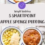 A dish of apple sponge pudding on a white table with a bowl of it with custard to the side.