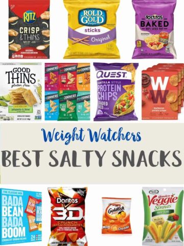 A collage of different low point salty snacks with text overlay stating Weight Watchers Best Salty snacks.