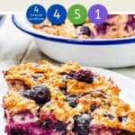 Baked oatmeal on a white plate with text overlay stating Baked Oats with Blueberries Weight Watchers.