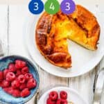 A white table with a milk tart and bowl of raspberries with text overlay.