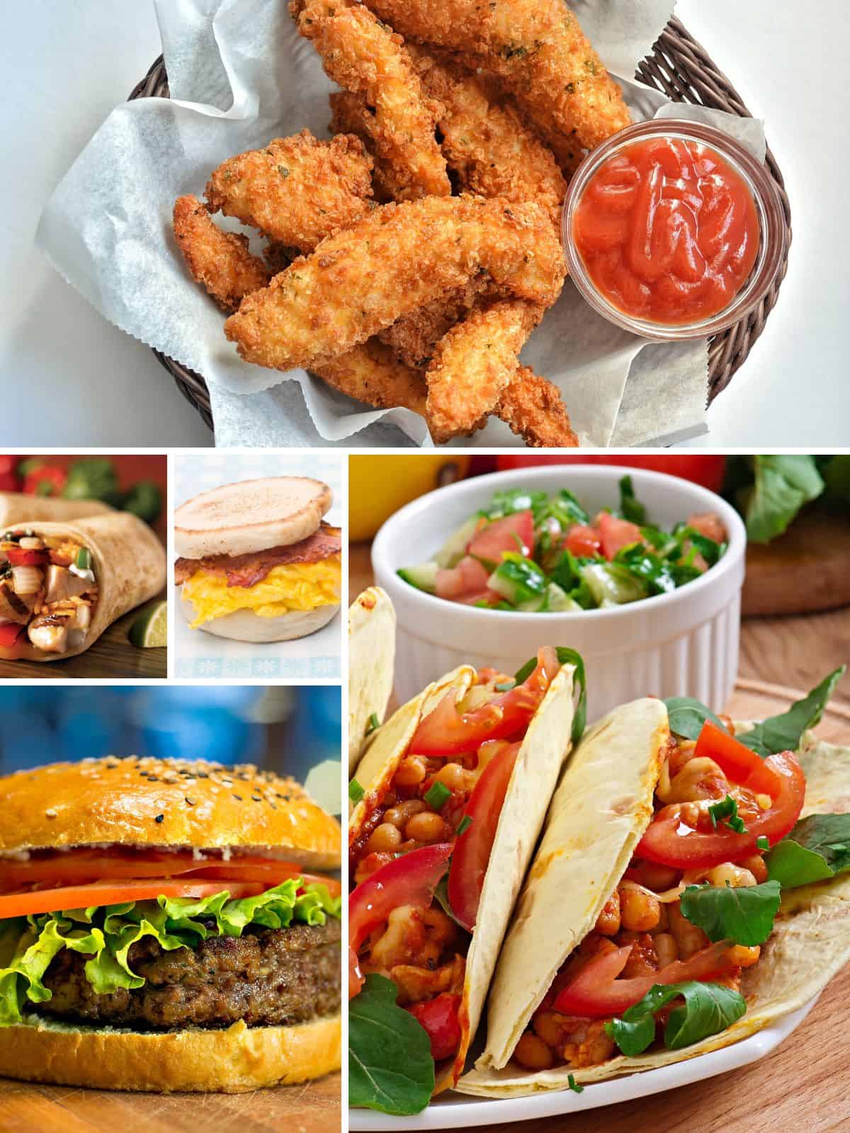 A collage of fast foods suitable for people following the WW plan.